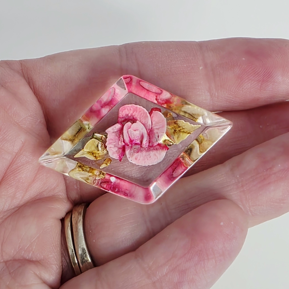 Vintage 1930s Handcrafted Pink Floral Lucite Brooch